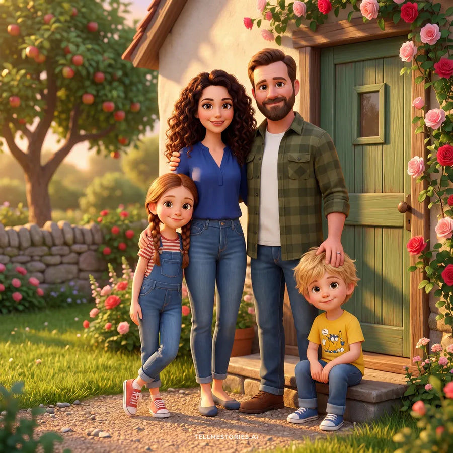 Our example family drawn in front of their house, as the poster print