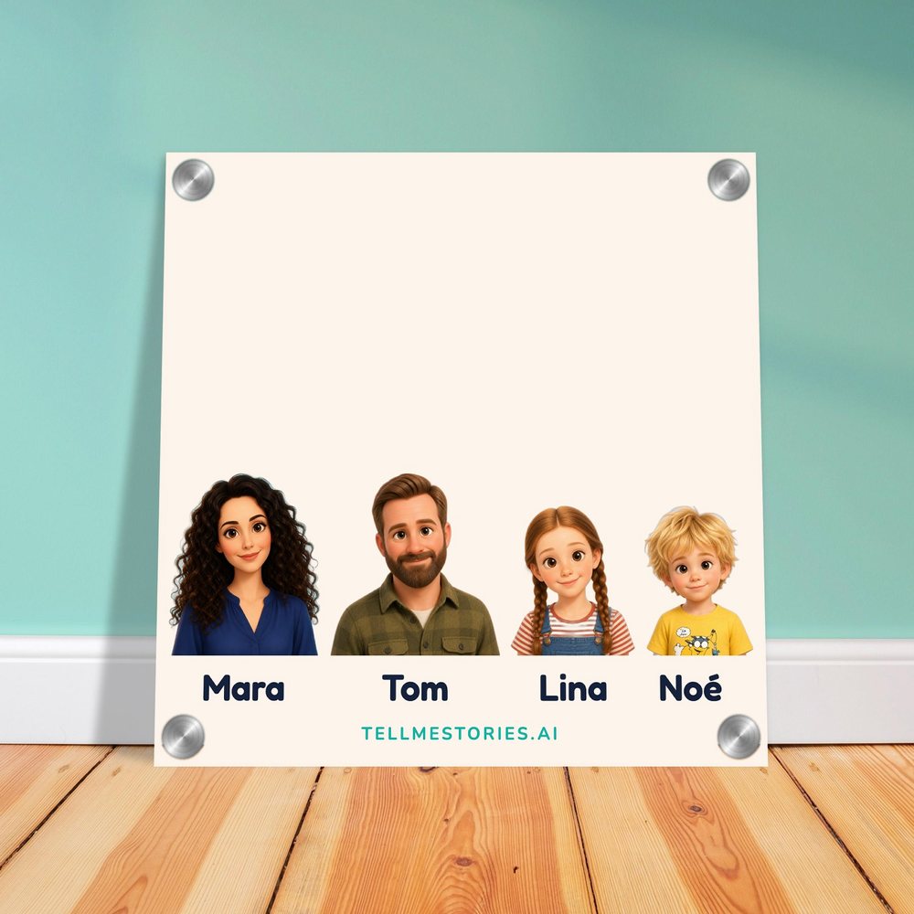 Our example family on the acrylic print, leaning against a pale green wall, on a light wooden floor