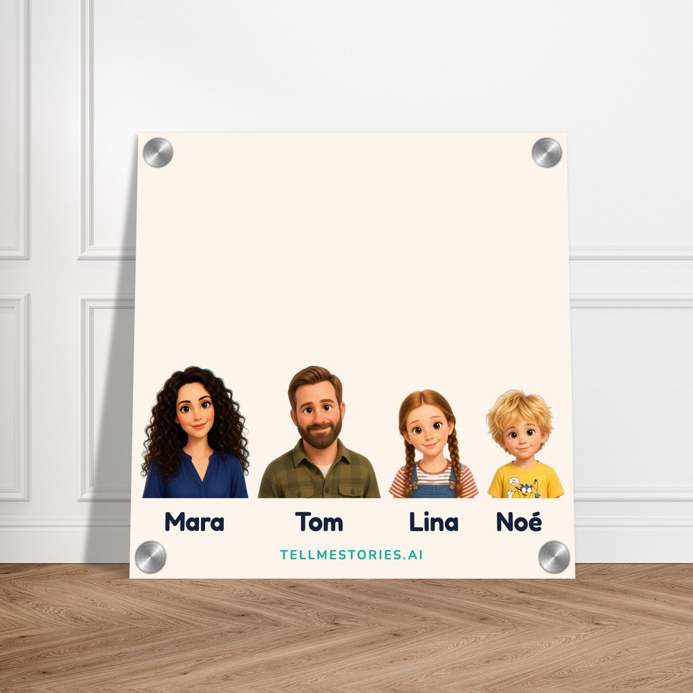 Our example family on the acrylic print, leaning against a white panelled wall, on a herringbone parquet floor