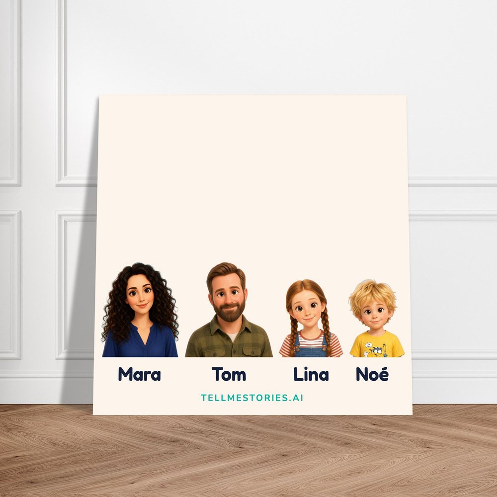 Our example family on the art print, leaning against a white panelled wall, on a herringbone parquet floor