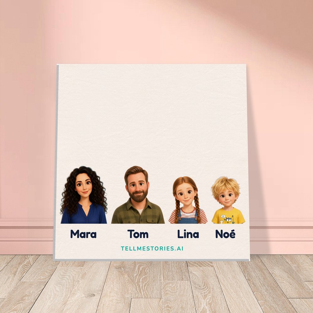 Our example family on the canvas, leaning against a pink wall, on a light wooden floor