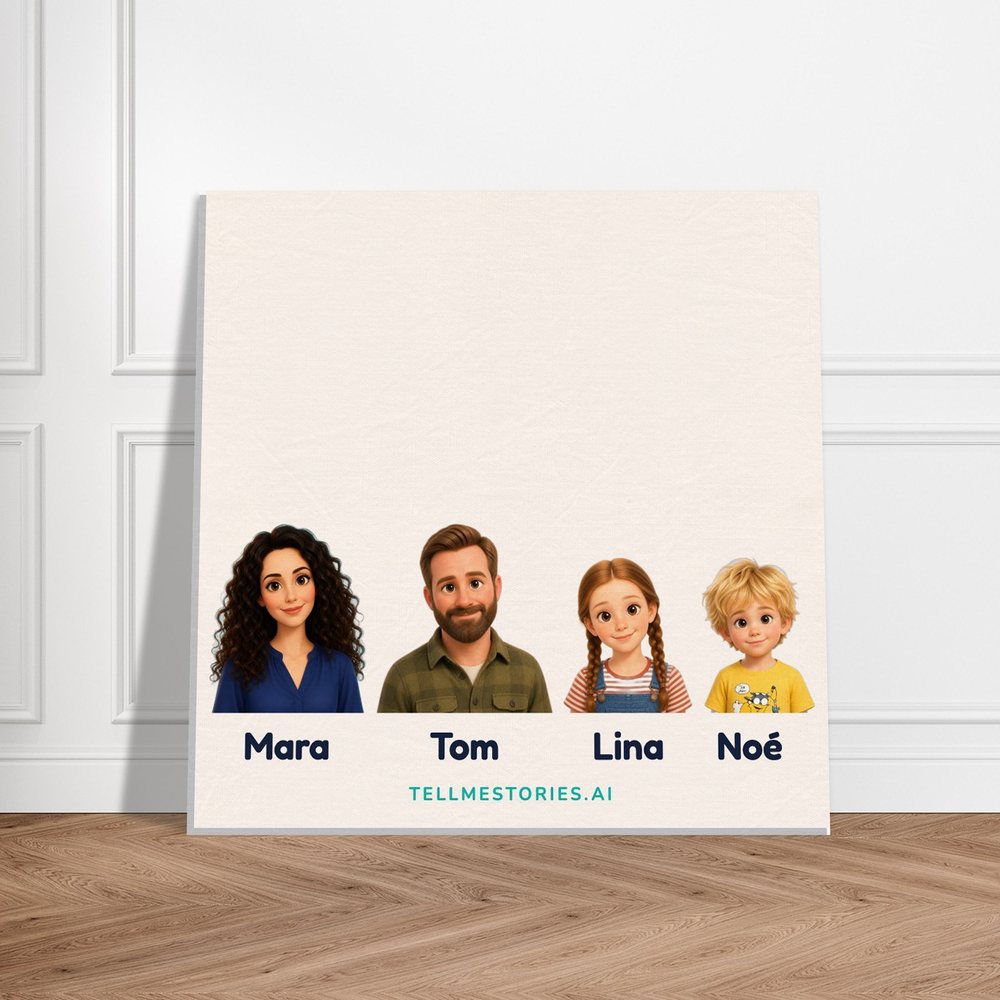 A canvas above a sofa, showing our example family side by side