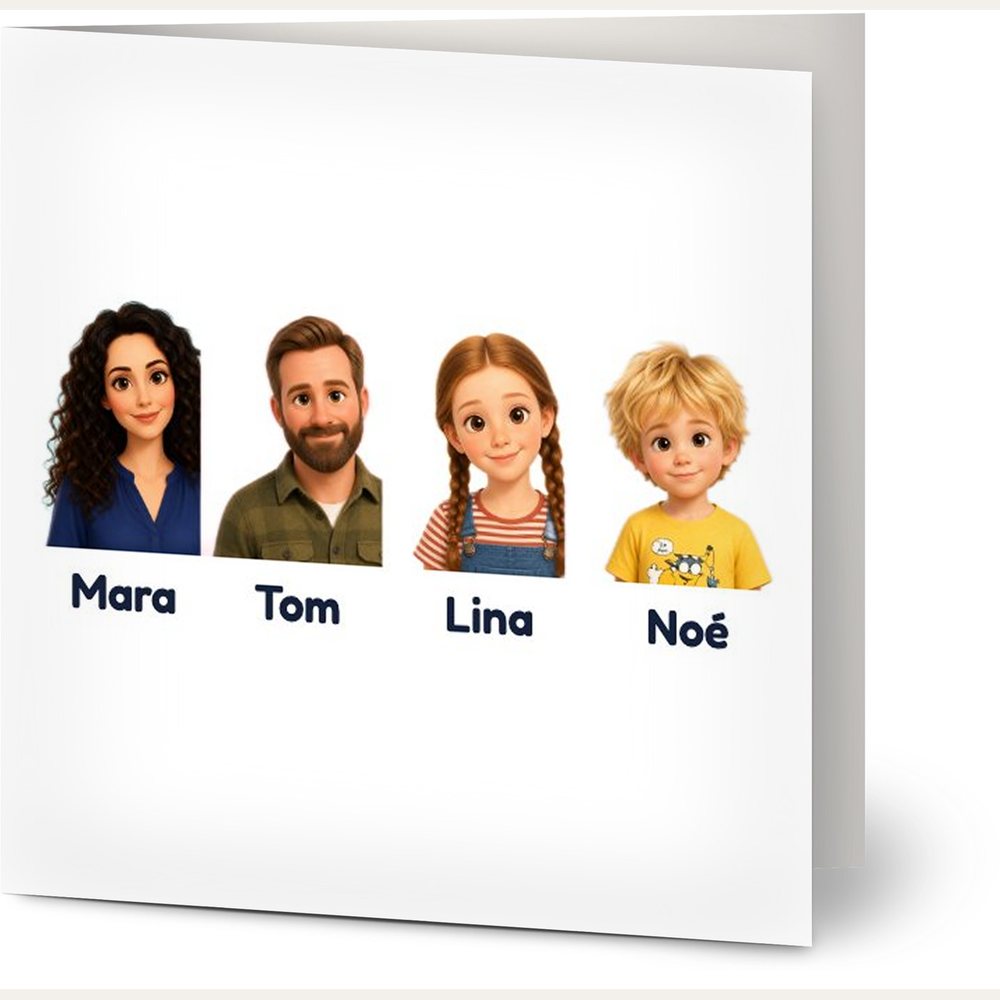 Our example family on greeting cards
