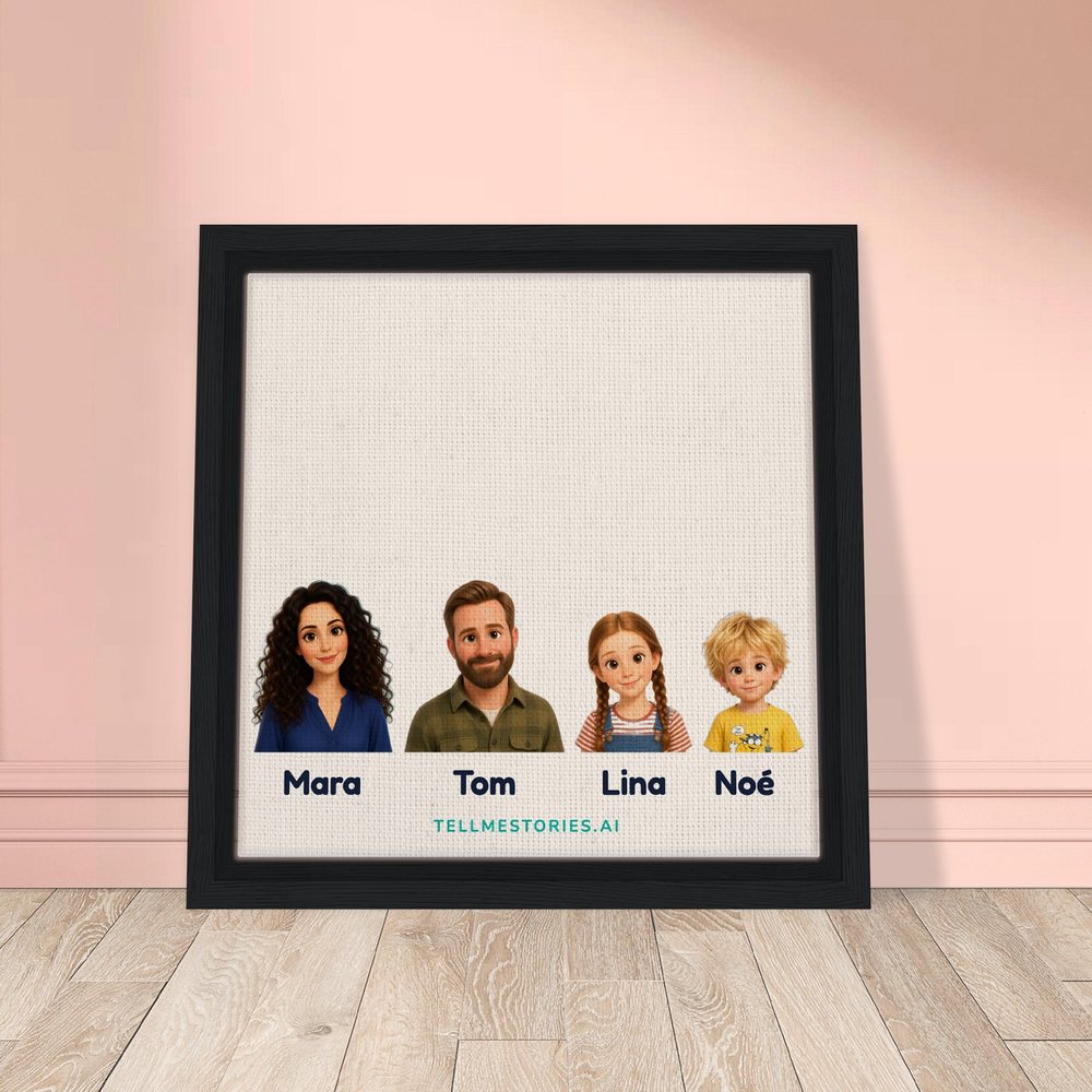 Our example family on the framed canvas, leaning against a pink wall, on a light wooden floor