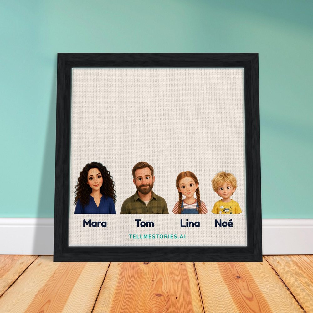 Our example family on the framed canvas, leaning against a pale green wall, on a light wooden floor