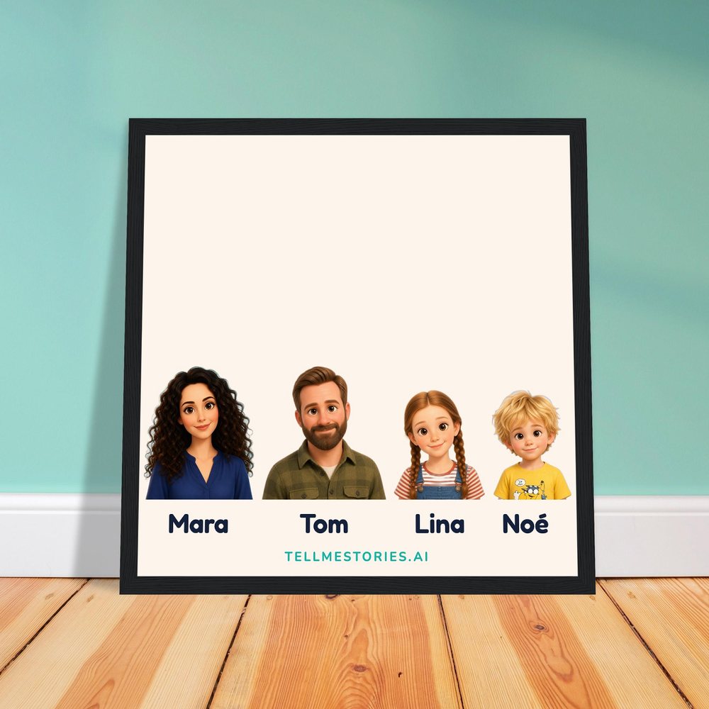 A framed poster on a wall, showing our example family side by side