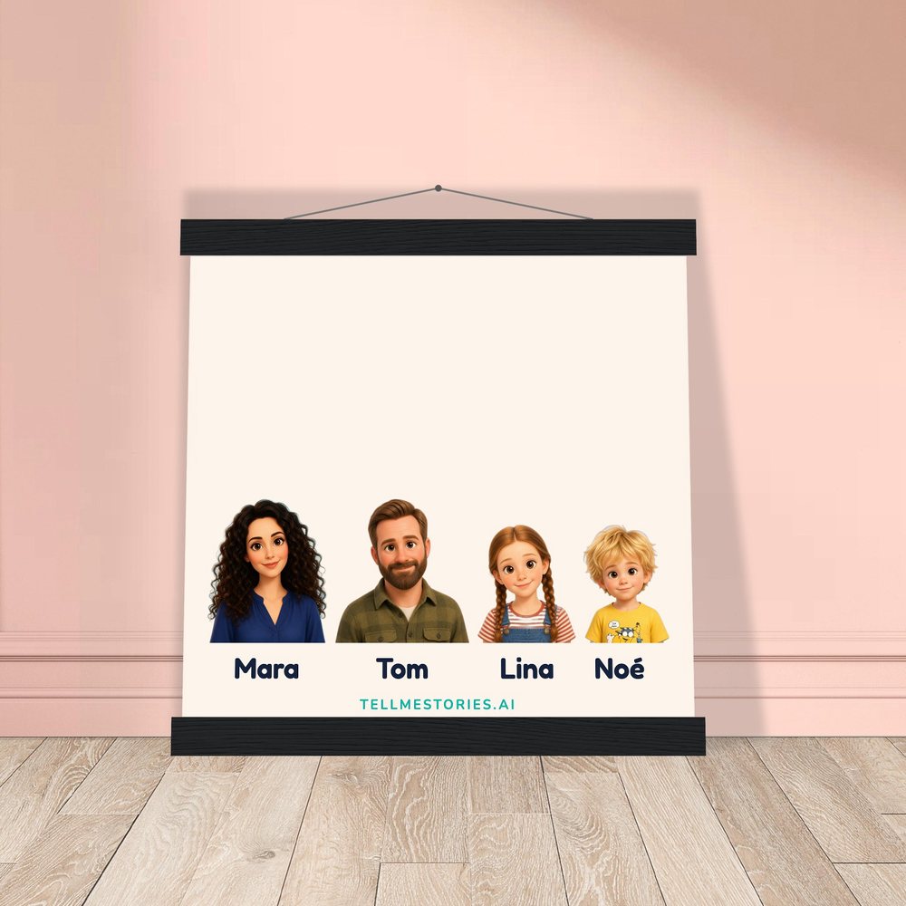 Our example family on the hanging poster, leaning against a pink wall, on a light wooden floor