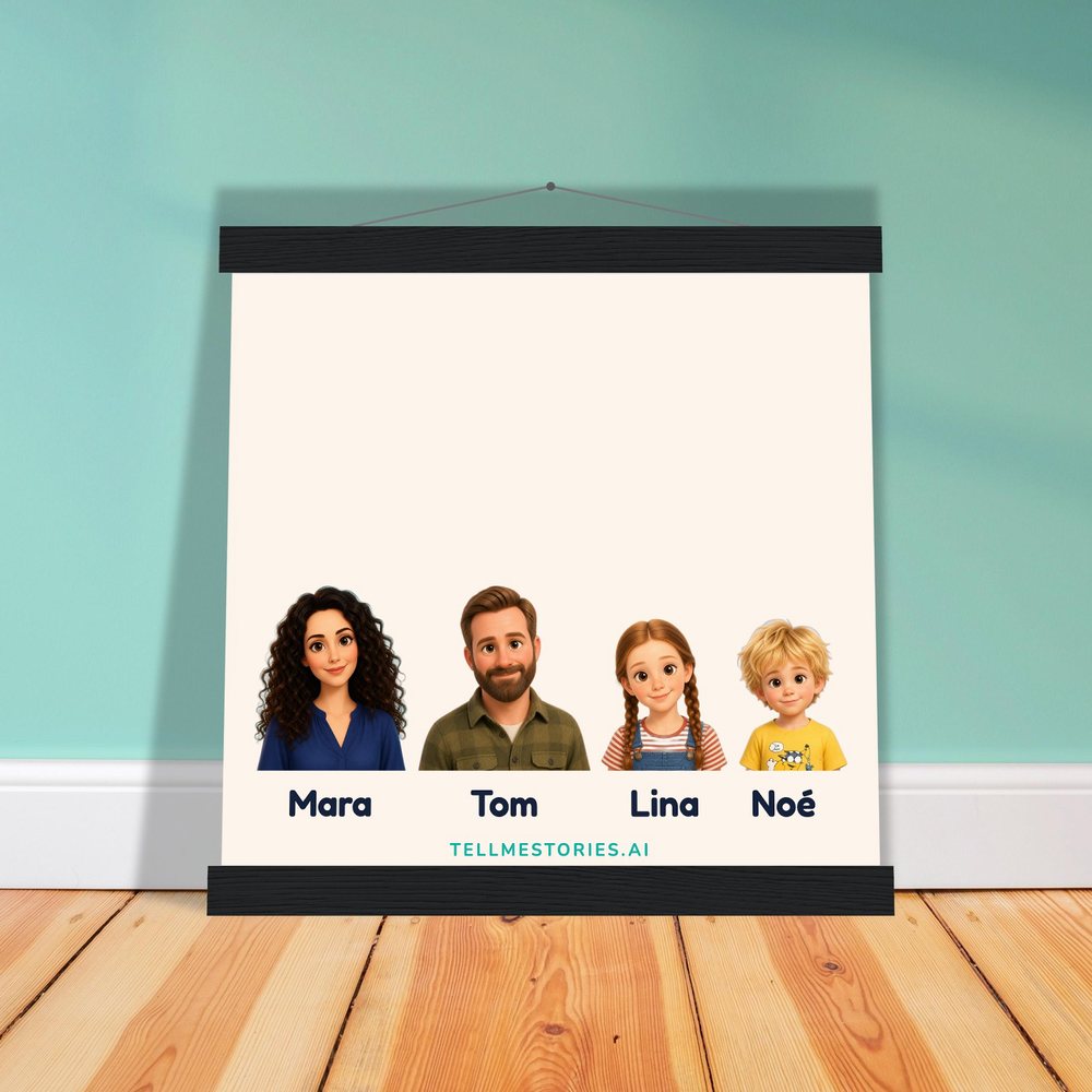 Our example family on the hanging poster, leaning against a pale green wall, on a light wooden floor