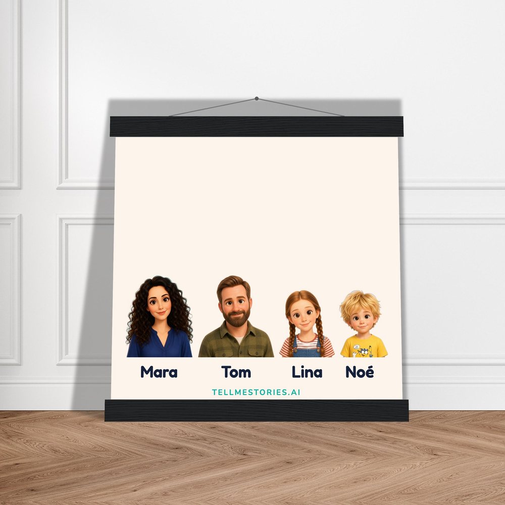 Our example family on the hanging poster, leaning against a white panelled wall, on a herringbone parquet floor
