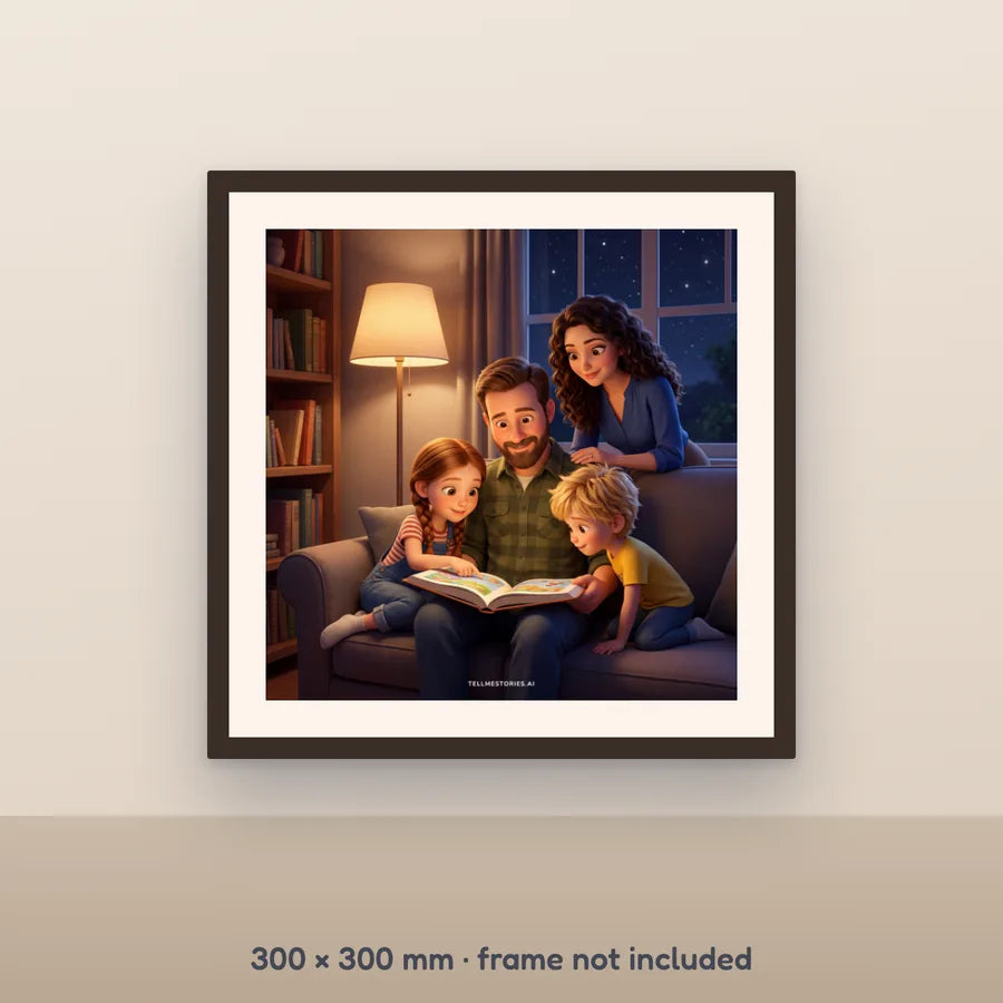 A square poster of our example family reading together, framed and hanging on a wall