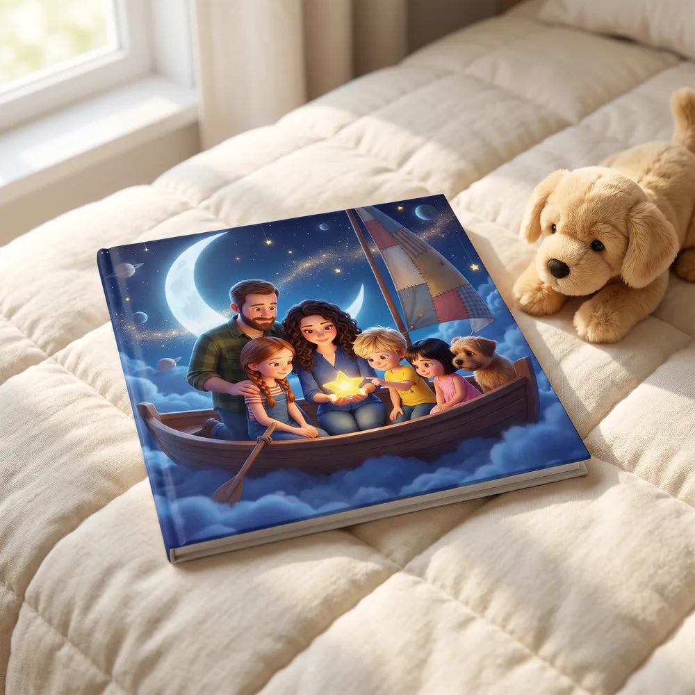 A story booklet with our example family on the cover, in a boat among the stars