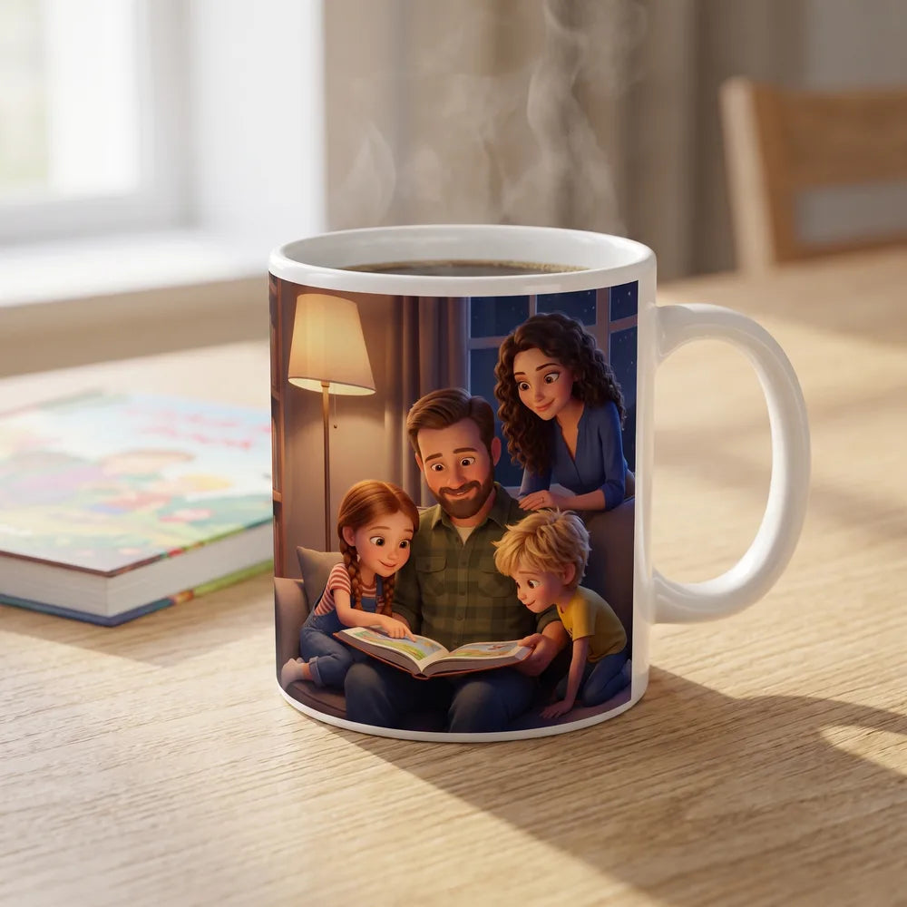 A white mug on a table, printed with our example family reading together on the sofa