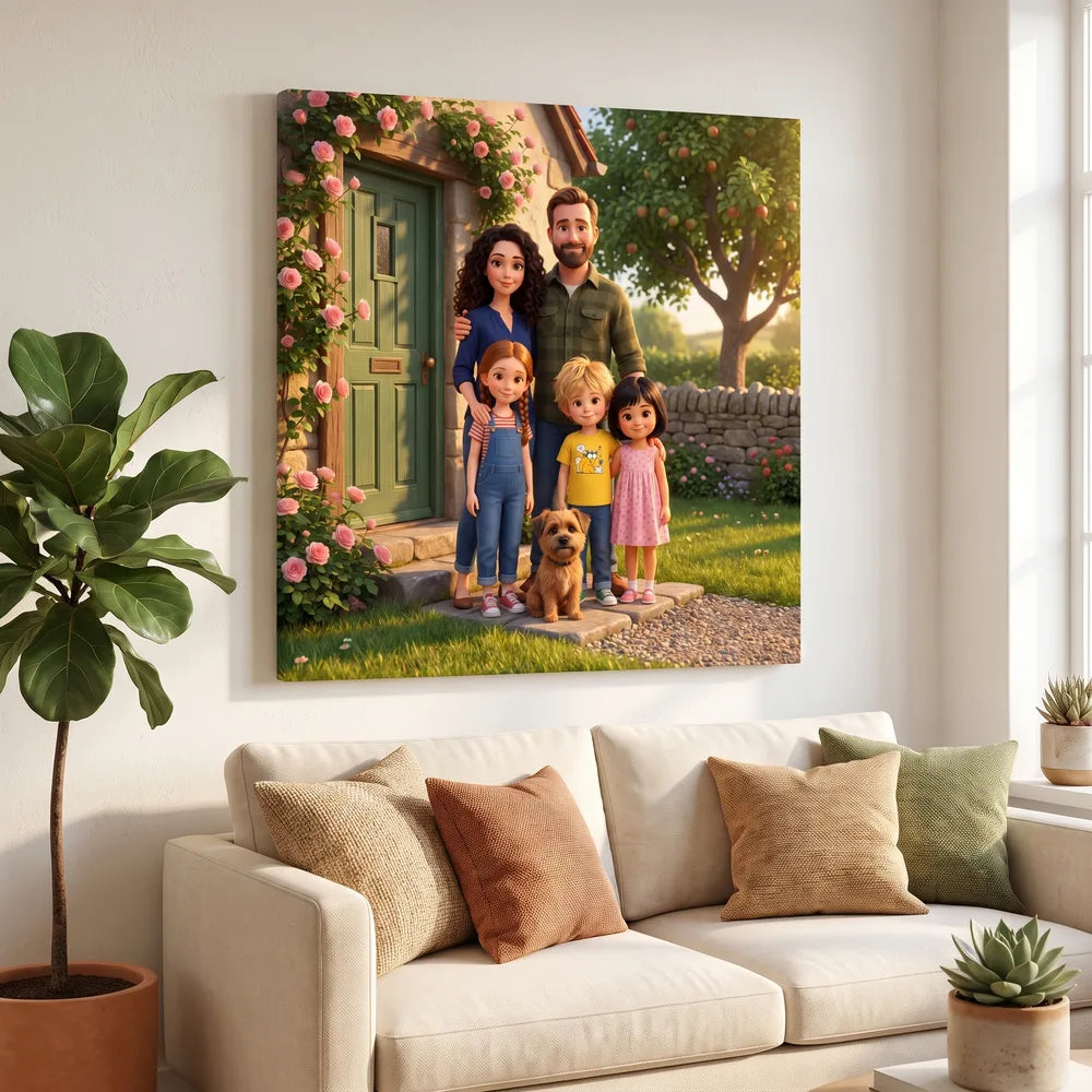 A canvas on a living room wall showing our example family