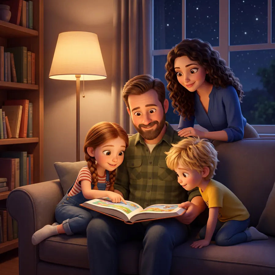 Our example family, reading together on a sofa