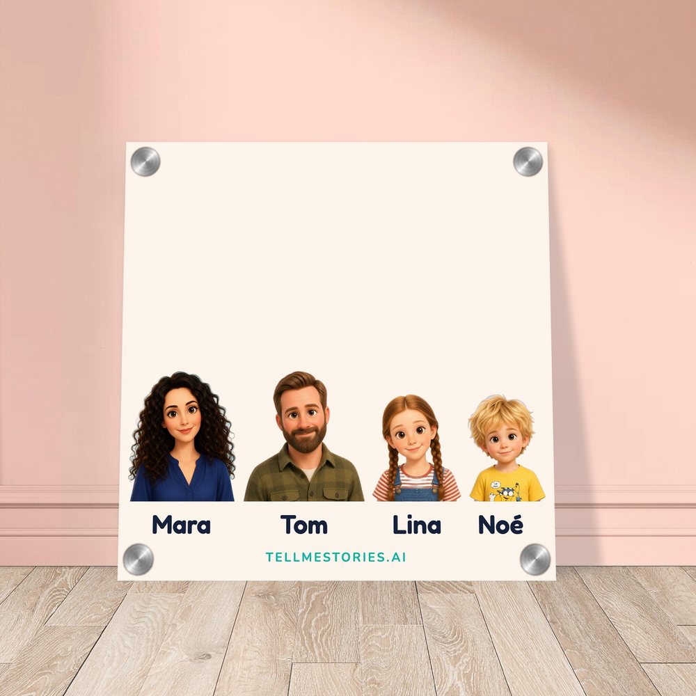 Our example family on the acrylic print, leaning against a pink wall, on a light wooden floor