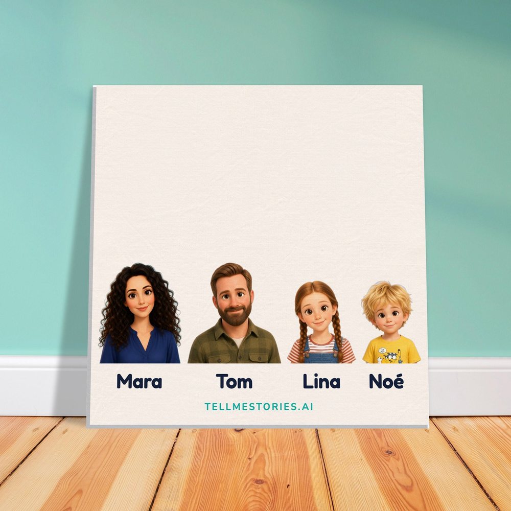 Our example family on the canvas, leaning against a pale green wall, on a light wooden floor
