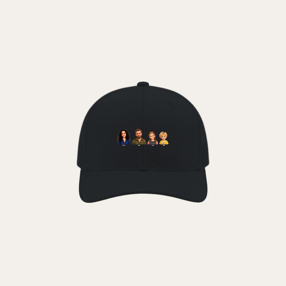 Our example family on a trucker hat
