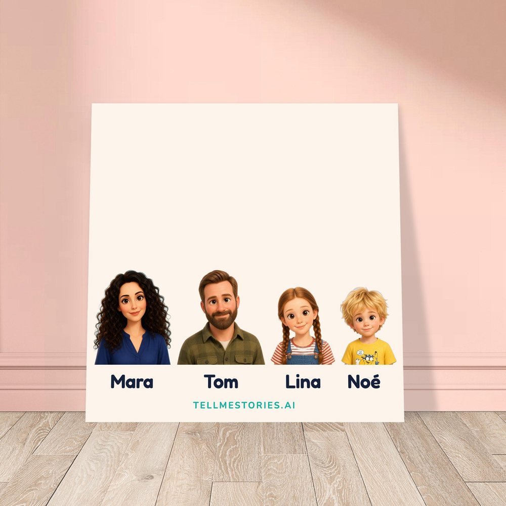 Our example family on the foam print, leaning against a pink wall, on a light wooden floor