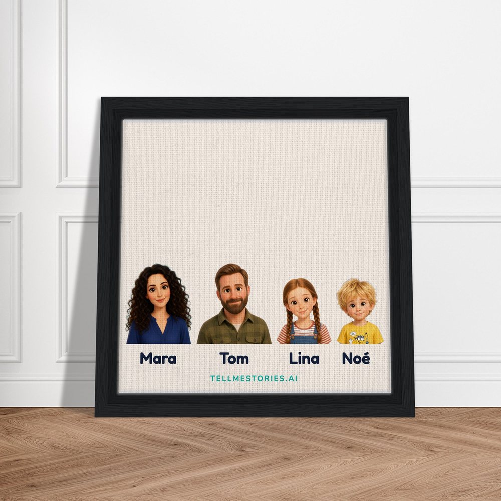 Our example family on the framed canvas, leaning against a white panelled wall, on a herringbone parquet floor