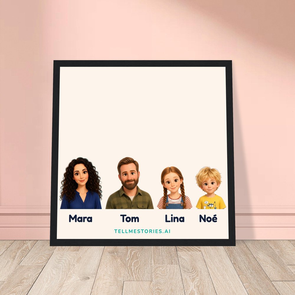 Our example family on the framed poster, leaning against a pink wall, on a light wooden floor