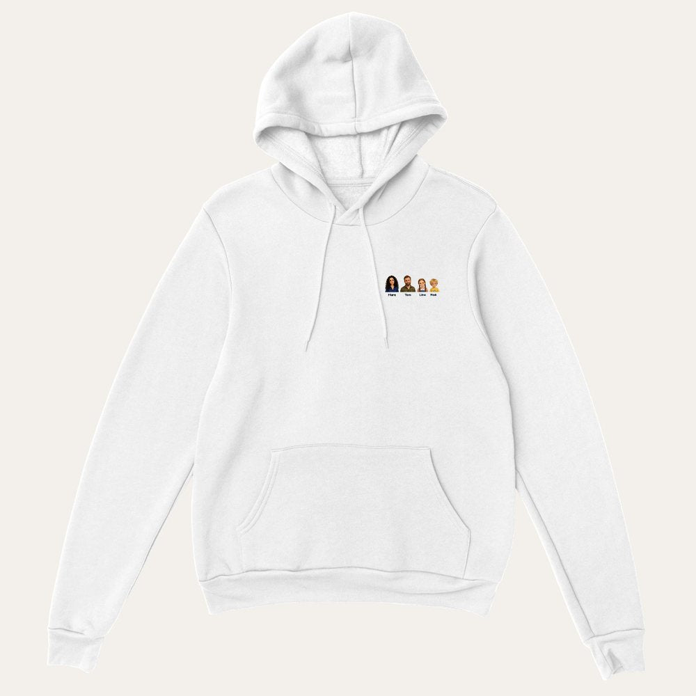Our example family on a hoodie