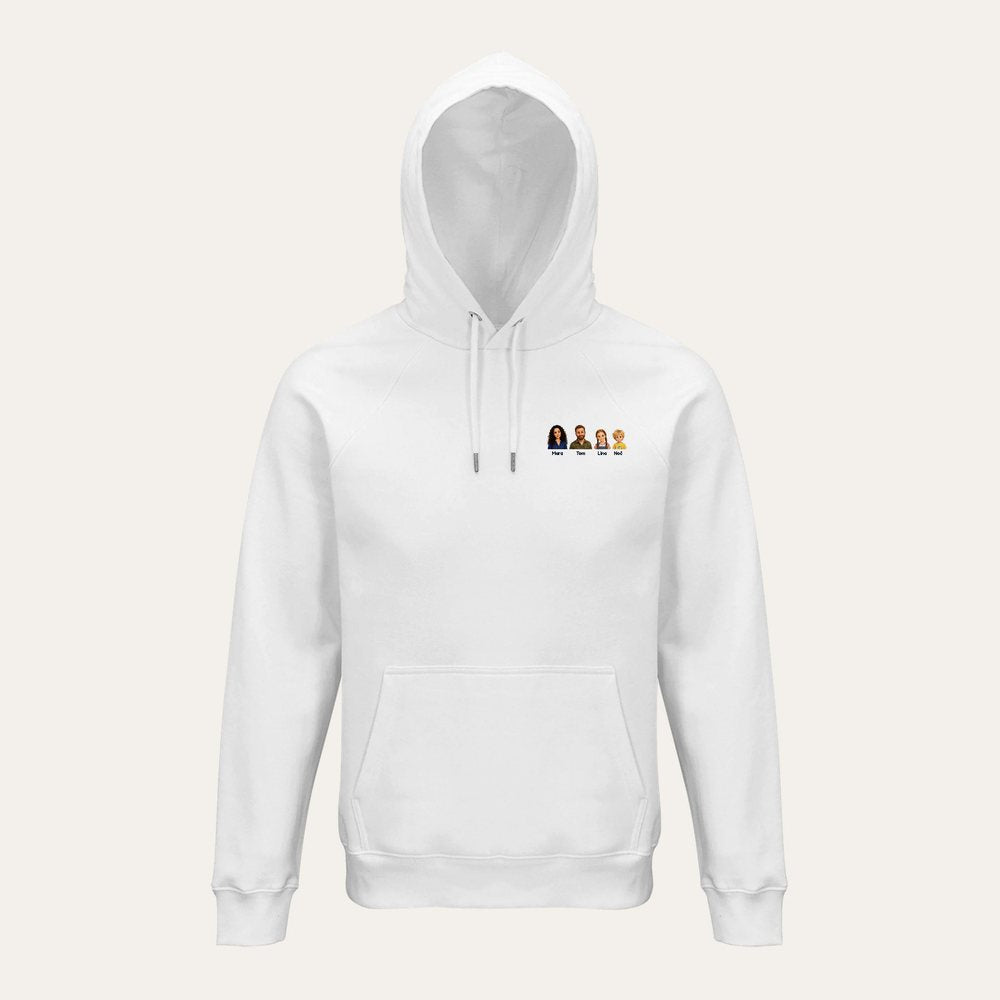Our example family on a organic hoodie