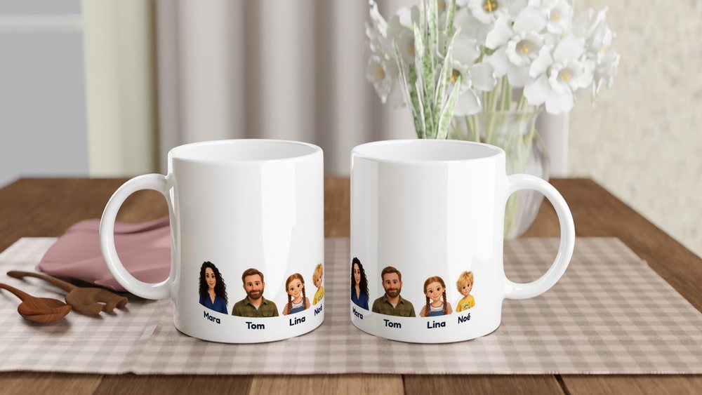 Our example family on the mug, on a gingham tablecloth, next to a second mug