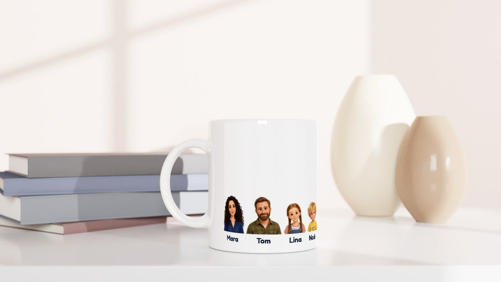 A white mug printed with our example family, side by side