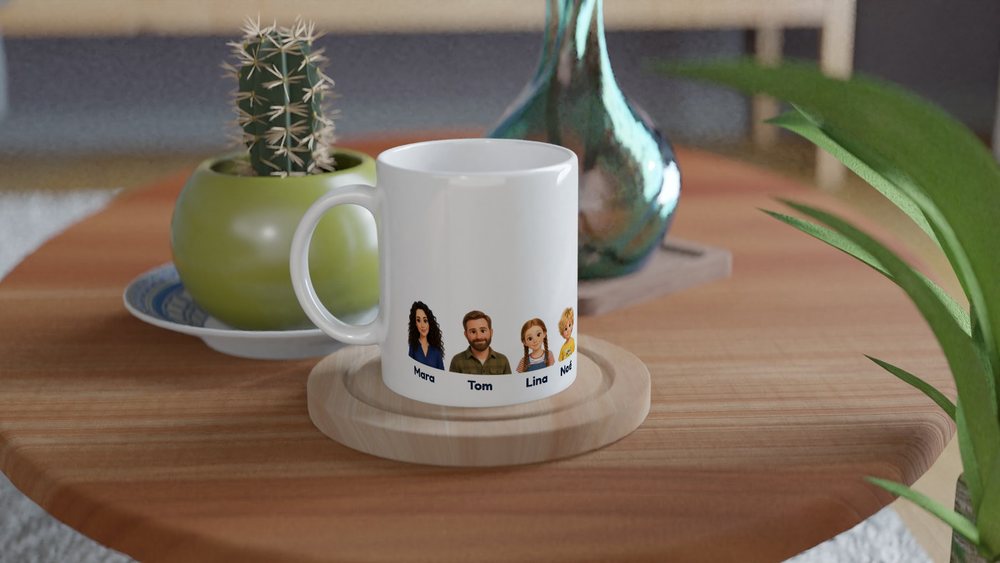 Our example family on the mug, on a round wooden table, next to a cactus and a glass vase