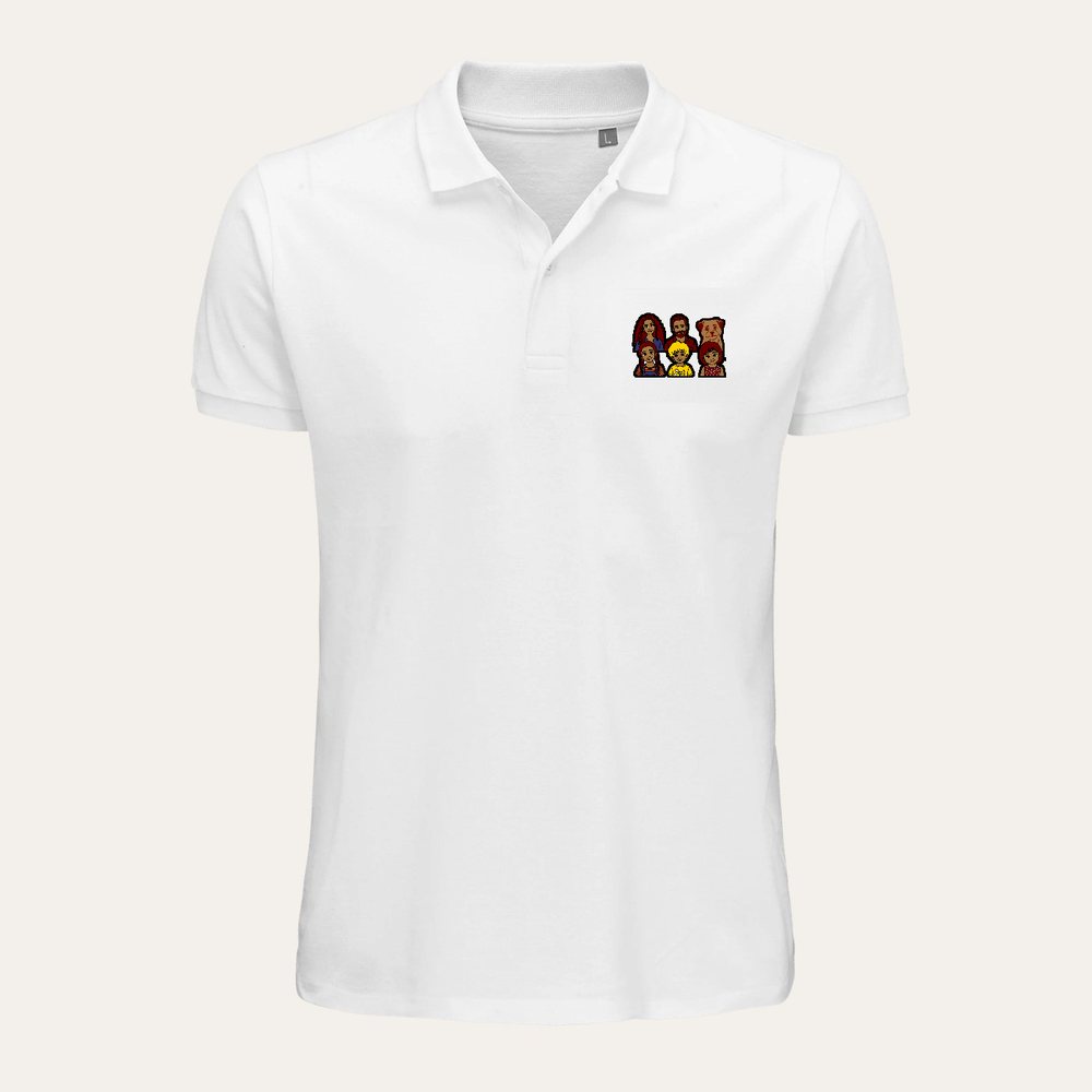 Our example family on a men's organic polo