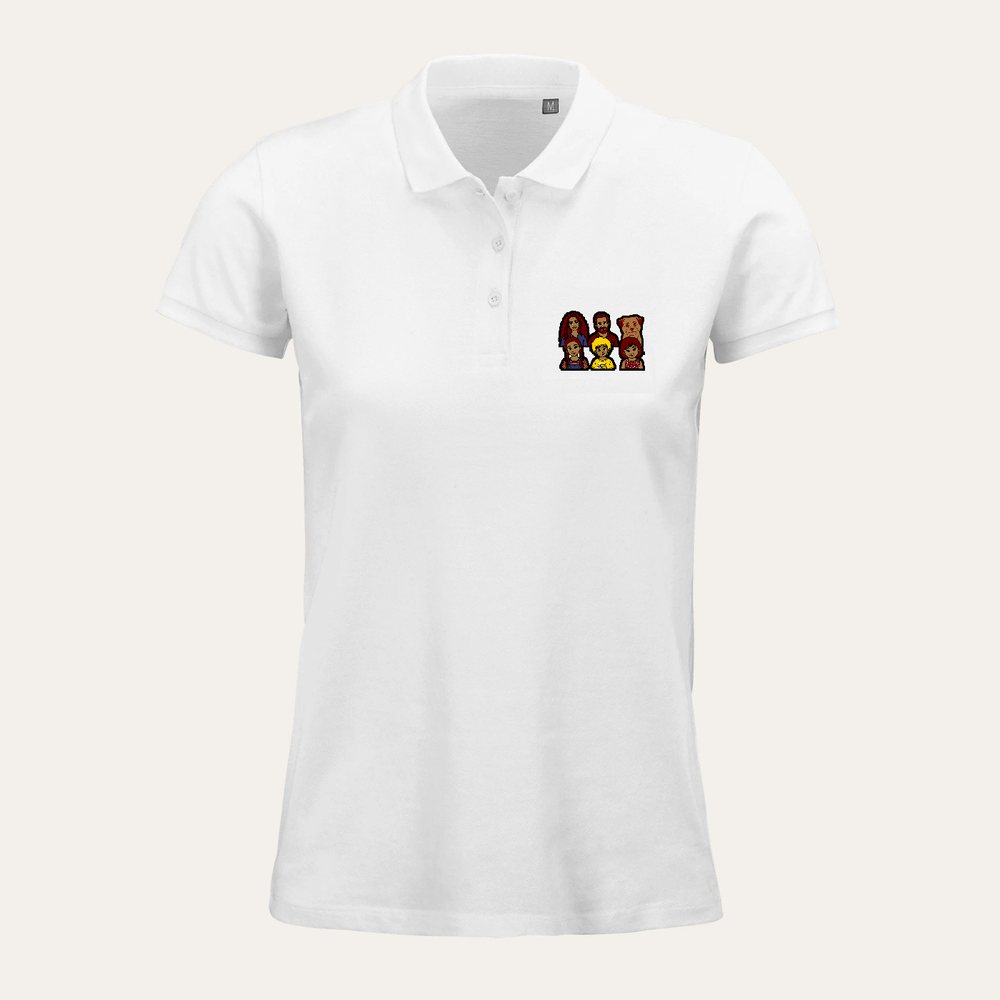 Our example family on a women's organic polo