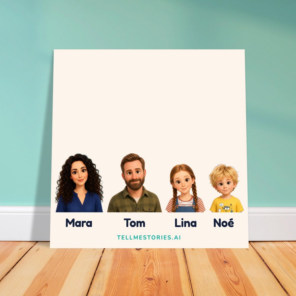 Our example family on the poster, leaning against a pale green wall, on a light wooden floor