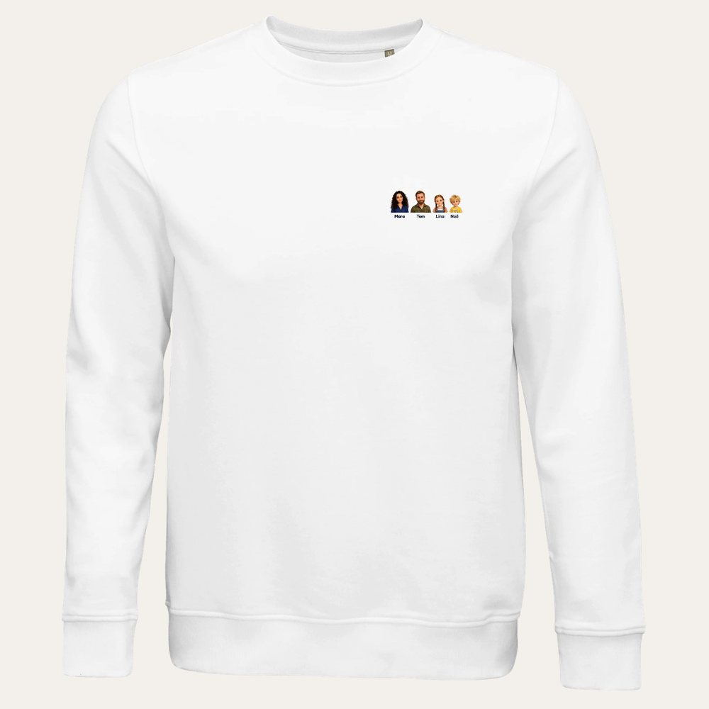 Our example family on a organic sweatshirt