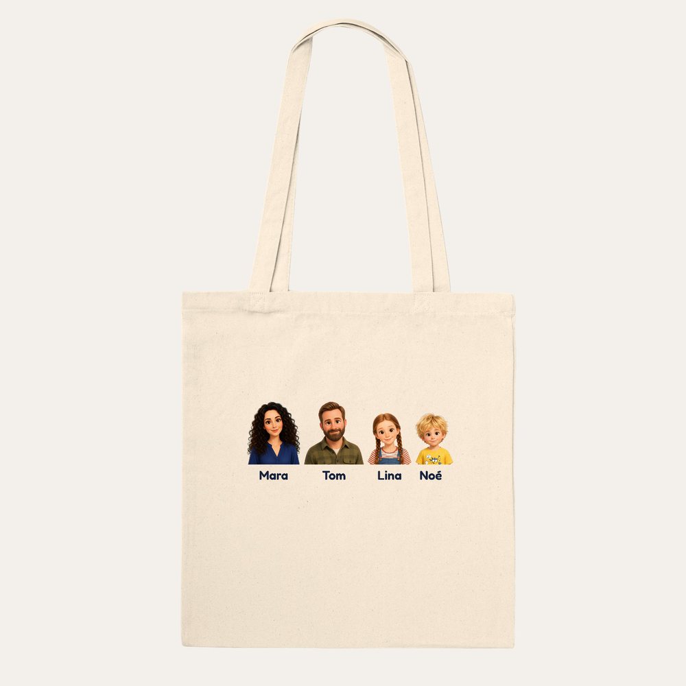 Our example family on a tote bag