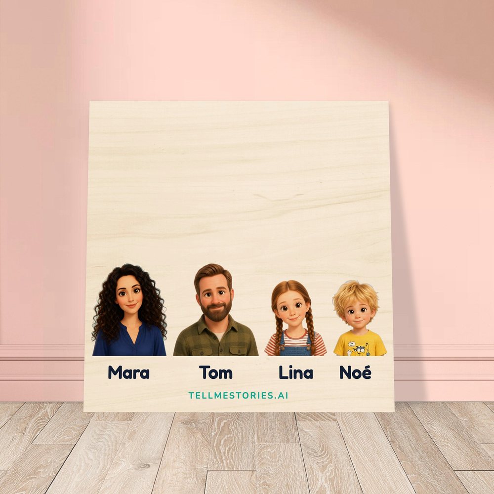 Our example family on the wood print, leaning against a pink wall, on a light wooden floor