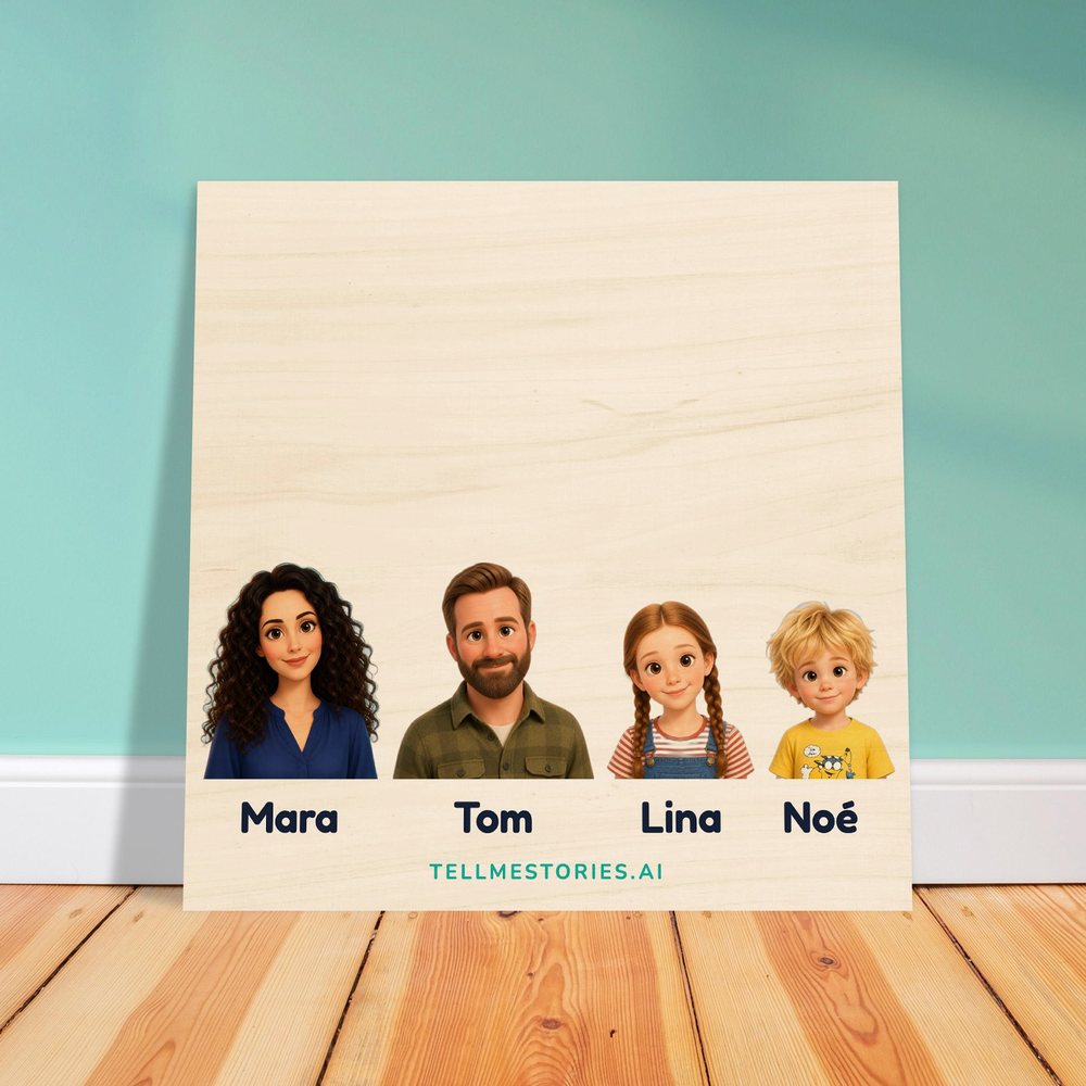Our example family on the wood print, leaning against a pale green wall, on a light wooden floor