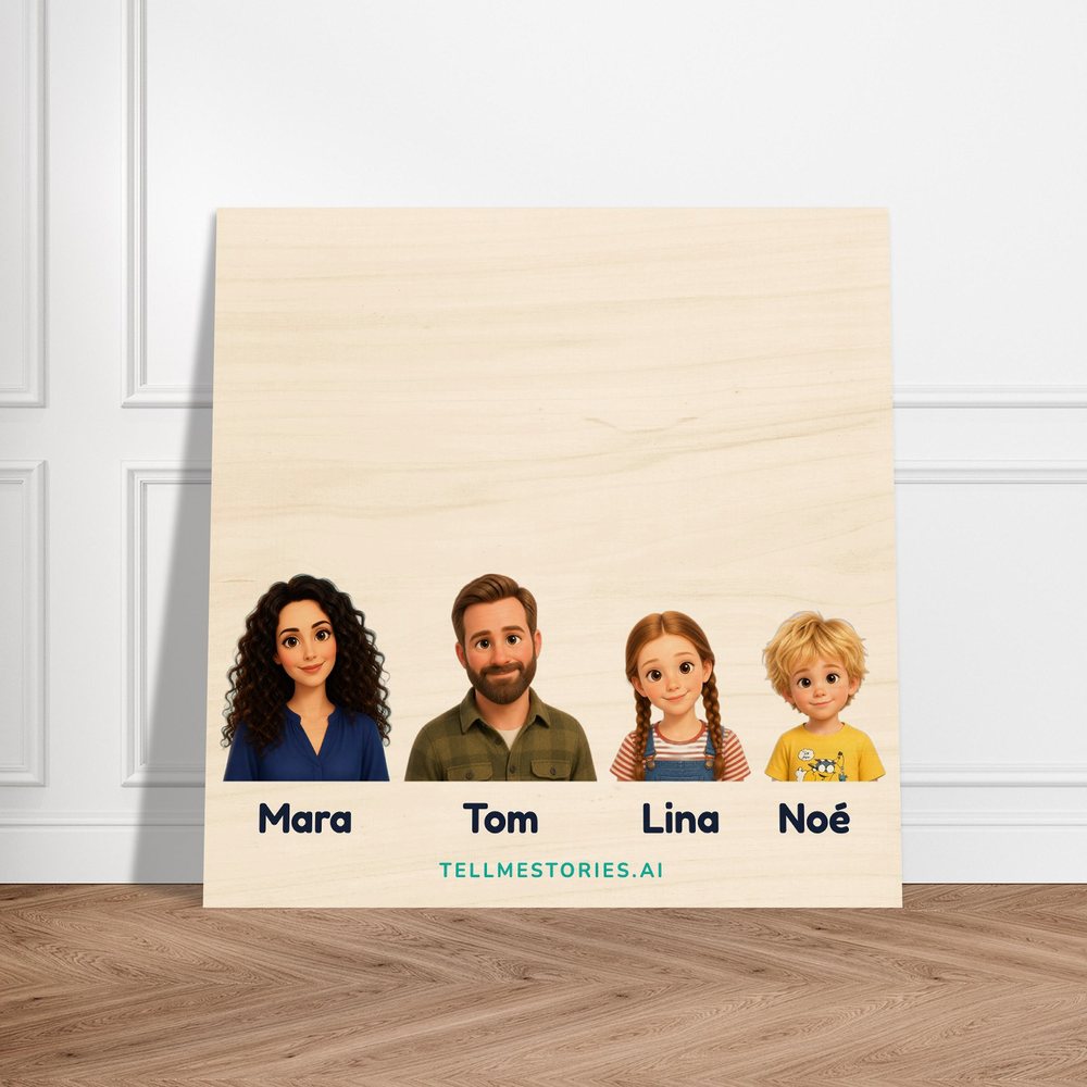 Our example family on the wood print, leaning against a white panelled wall, on a herringbone parquet floor