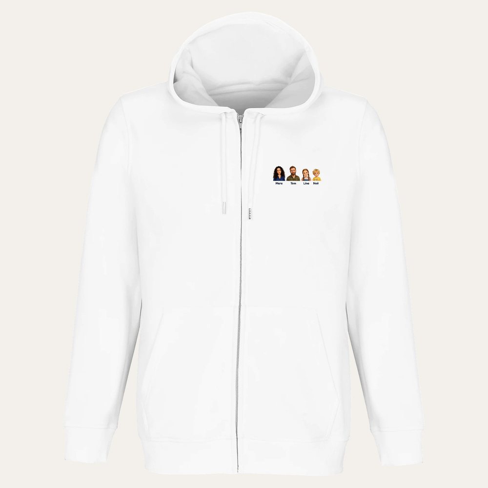 Our example family on a organic or in-conversion zip hoodie
